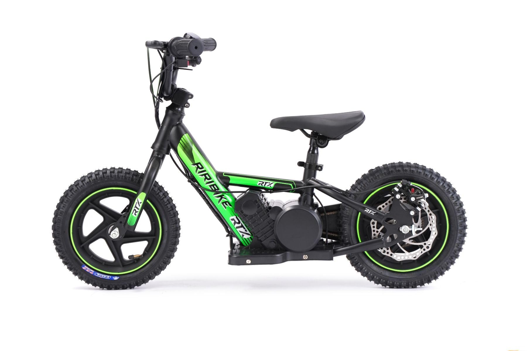 Bici elettrica per bambini RIRIBIKE RTX3 24V (12"), verde, Batteria al litio, Motore 100W, Freno a disco, Sedile regolabile in morbido PU