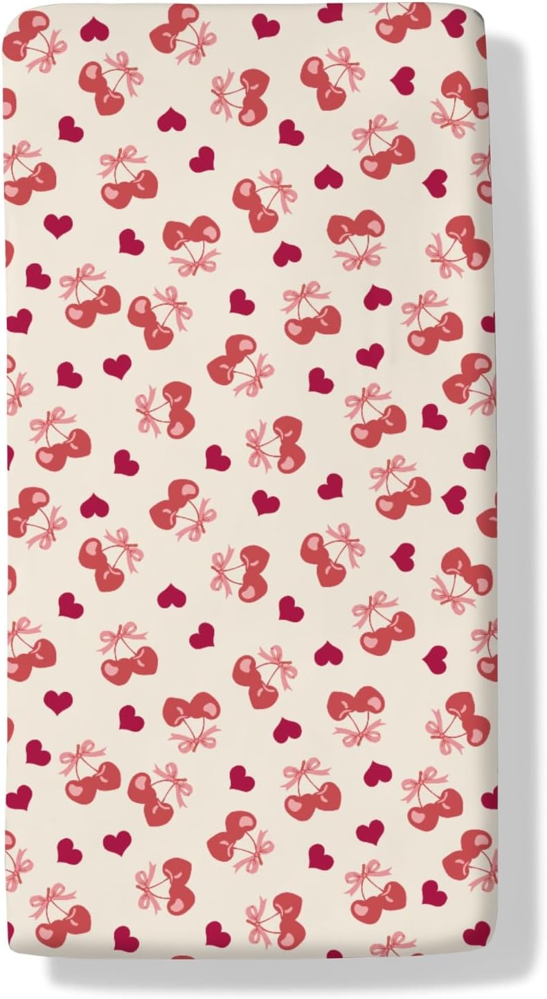 Valentine's Day Cherry Baby Boys Girls Crib Sheets Pink Cherry Bows Love Heart Toddler Bed Sheets Valentine Fruits Fitted Crib Mattress Cover for Standard Crib Mattresses 52''x28''