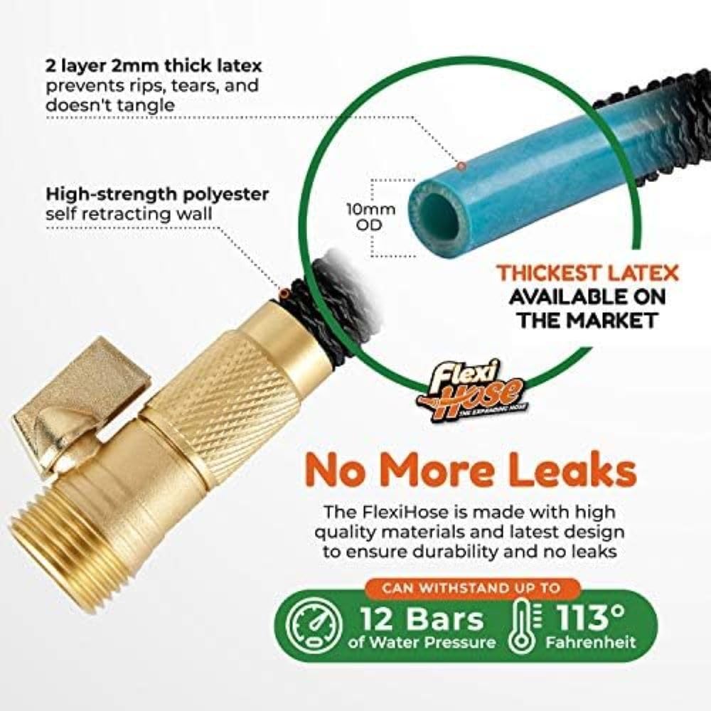 Flexi Hose Leichter erweiterbarer Gartenschlauch, knickfrei, flexibel, 3/4 Zoll massive Messingbeschläge und doppelter Latexkern (4,5 m, schwarz)