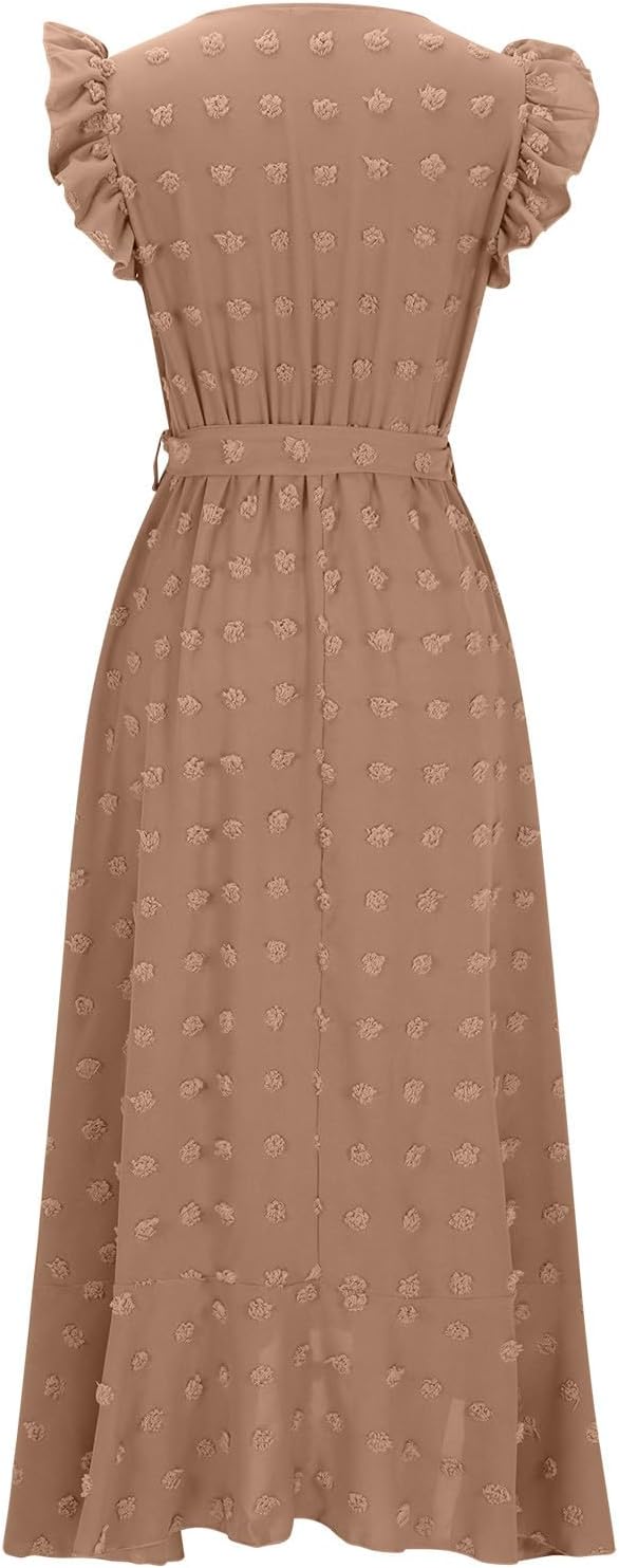 Women's Swiss Dot Dress Criss Cross V Neck Ruffle Wrap Dress Sleeveless Side Split Swing Flowy Long Maxi Dresses