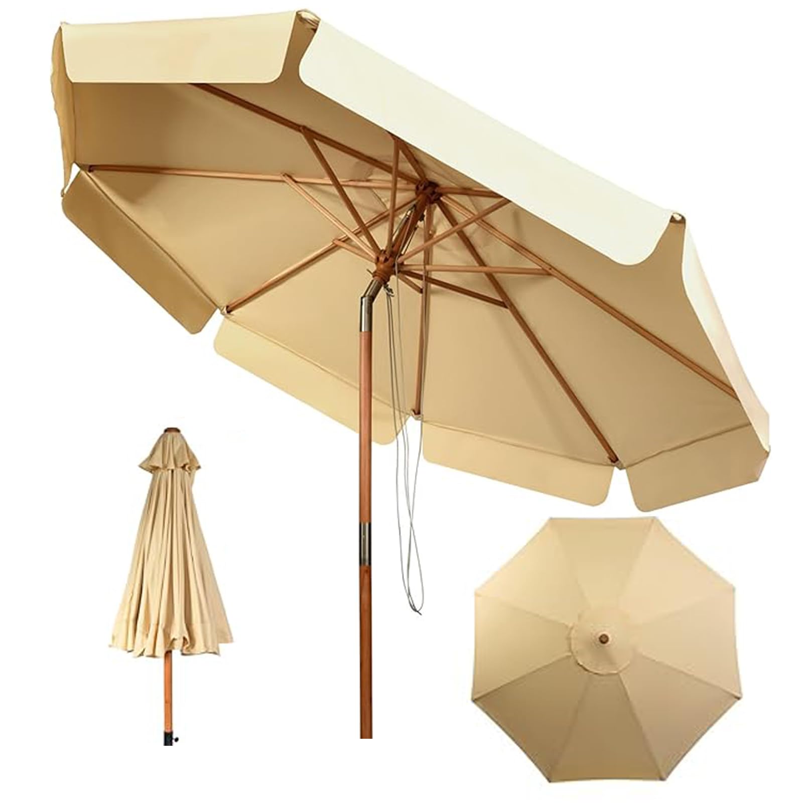 COSTWAY Sombrilla de Ø300cm de Madera Parasol de Jardín Inclinable Sombrilla de Manivela para Playa Jardín Piscina Terraza
