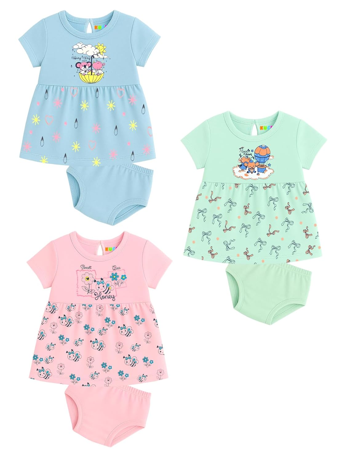 Kuchipoo Baby Girls 100% Cotton Frock and Panty Set – Pack of 3 Kuchipoo Baby Girls 100% Cotton Frock and Panty Set – Pack of 3