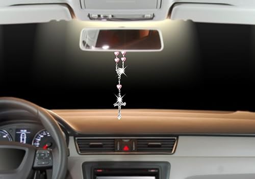 Miniatura 3 de 2 piezas de rosario rosa de corazón de amor, espejo retrovisor para automóvil, rosario religioso, accesorios para colgar, medalla Lourdes y cruz