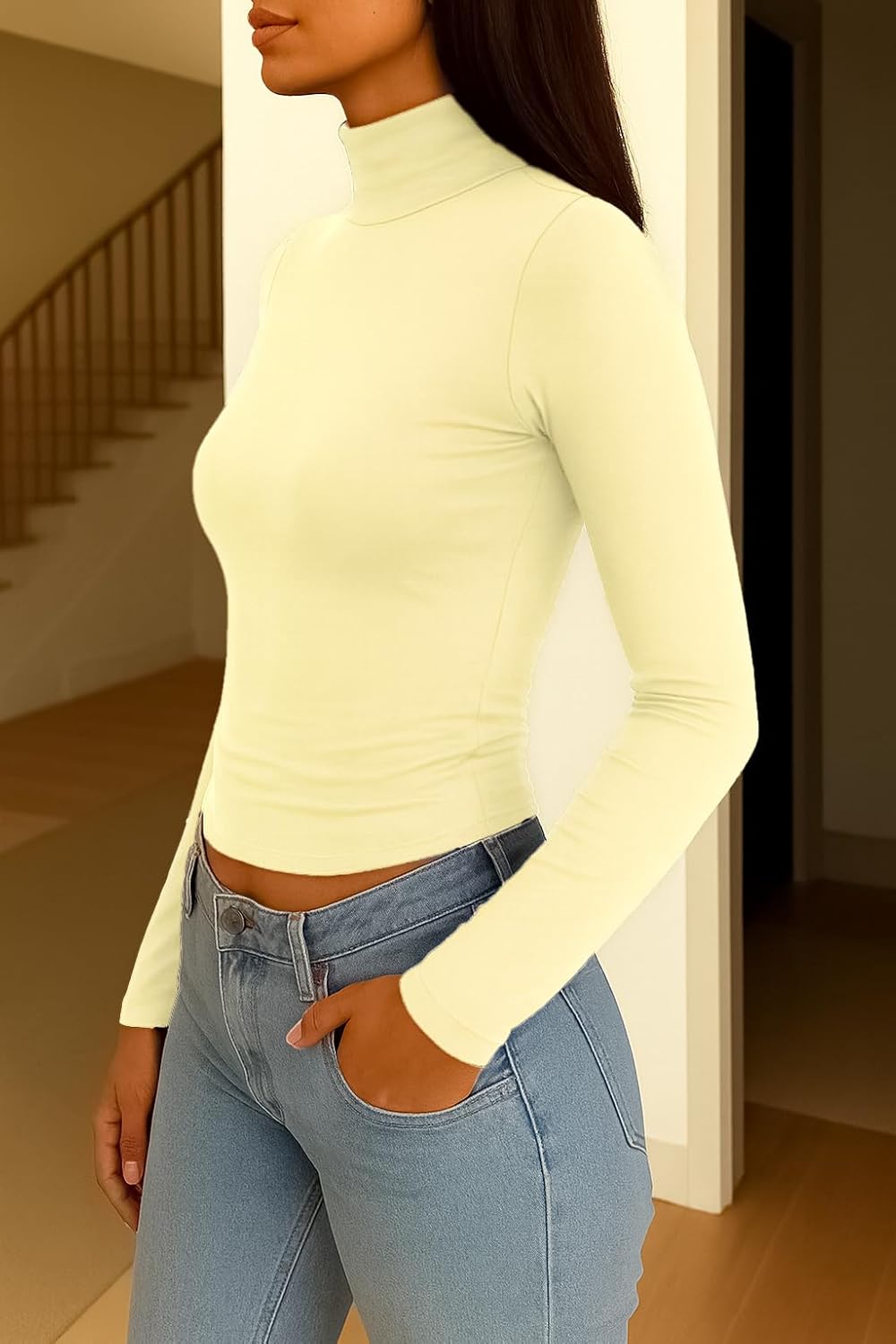 ForeFair Womens Turtleneck Mock Neck Long Sleeve Shirts Going Out Double Lined Crop Tops Slim Fitted Basic Tee - Image 2