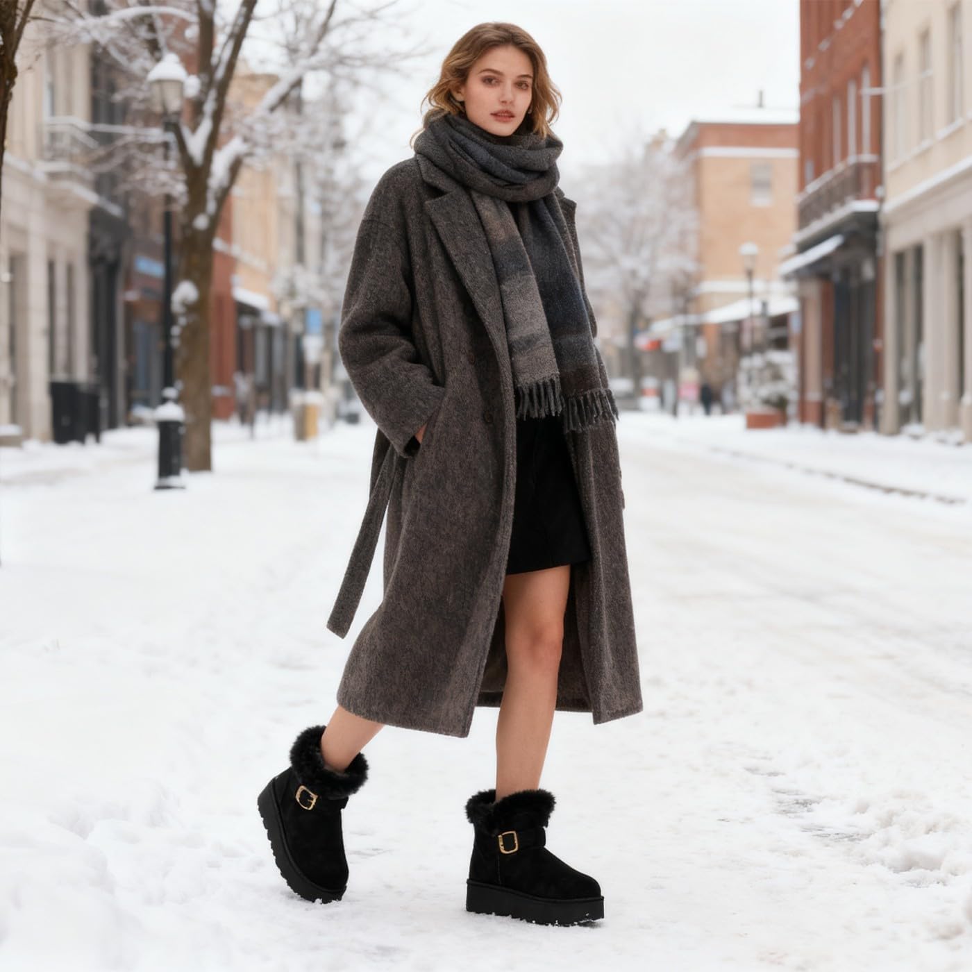 Hsyooes Womens Snow Boots Genuine Suede Leather Mini Boots Anti-Slip Outdoor Winter Ankle Booties Water Resistant Warm Faux Fur Lining - Image 2