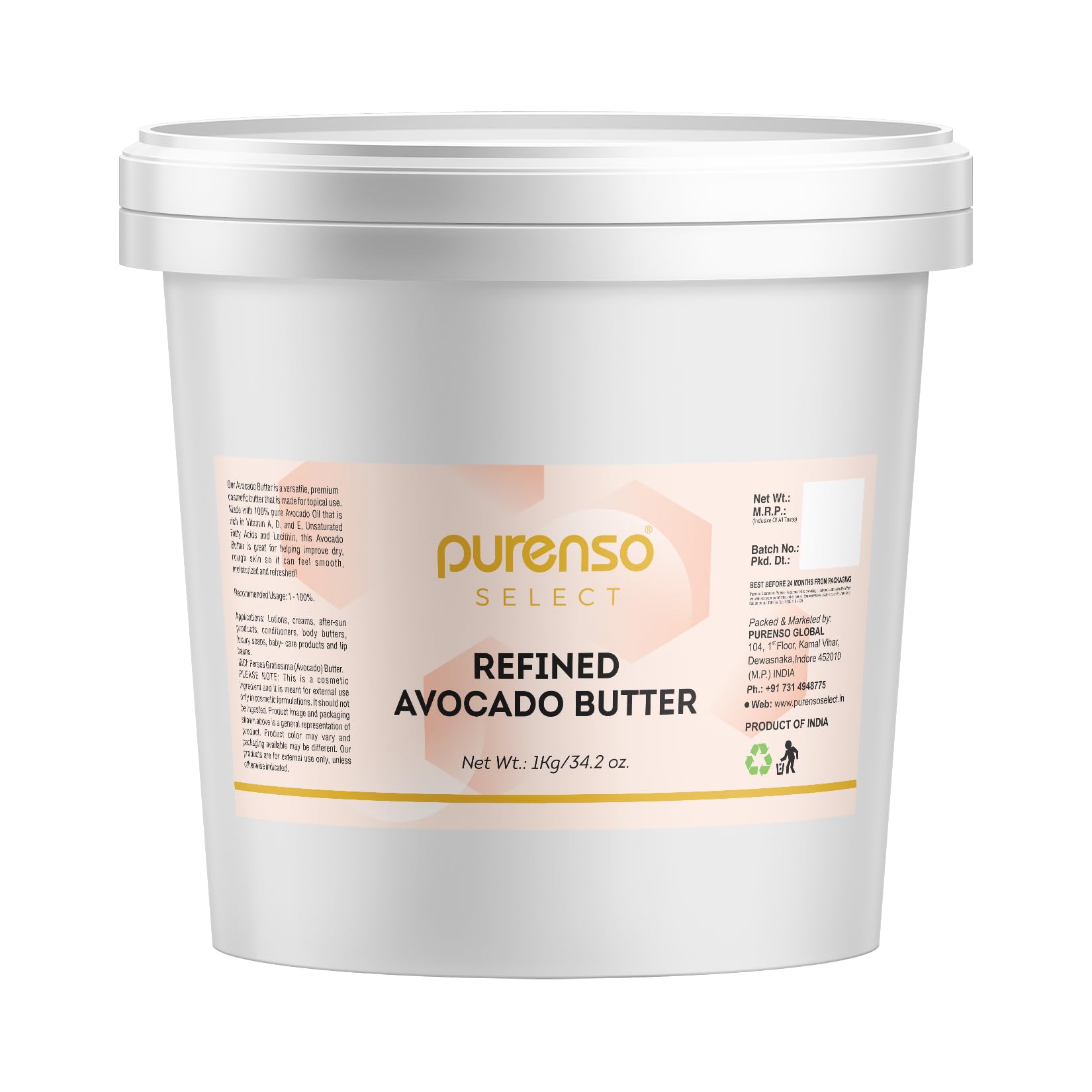 Purenso Select - Refined Avocado Butter, 1Kg I Great for Dry Skin, DIY Lip Balm, Body Butter, Lotion, and Soap