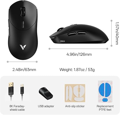 Miniatura 9 de Rapoo Ratón inalámbrico para juegos VT2 MAX, tasa de sondeo inalámbrico real de 8K, peso ligero de 1.87 oz, batería de hasta 750 horas, MCU nórdico