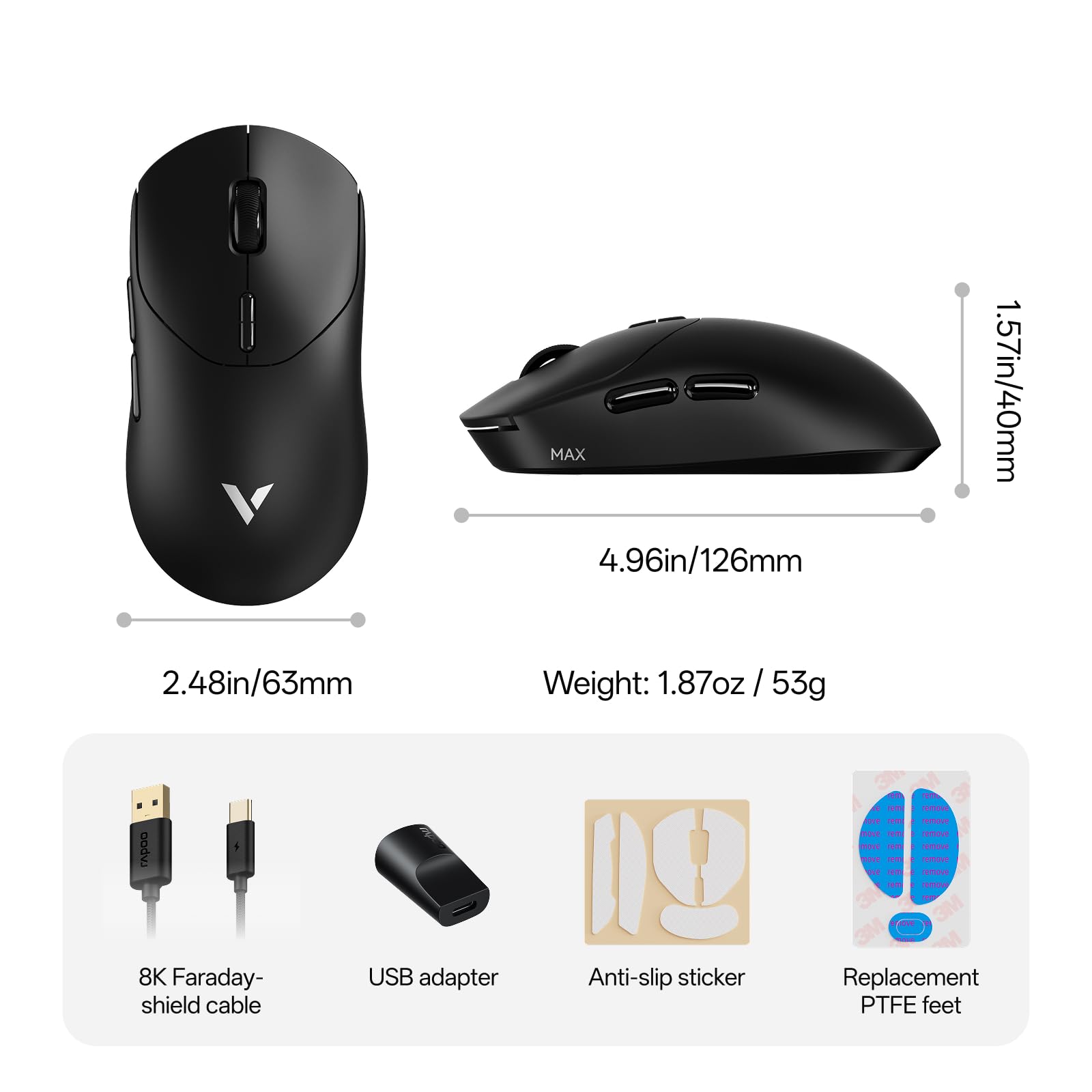Rapoo VT2 MAX - Ratón inalámbrico para juegos, verdadera tasa de sondeo inalámbrica 8K, peso de 53 g, batería de hasta 500 horas, Nordic nRF54L15 MCU, interruptor óptico de 120 millones, 10 botones