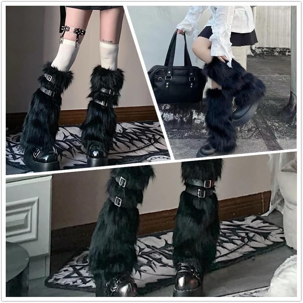 SIQITECHNO Medieval Faux Fur Leg Warmers Viking Furry Leg Wraps Boots Covers with Strap Warrior Halloween Cosplay Accessories