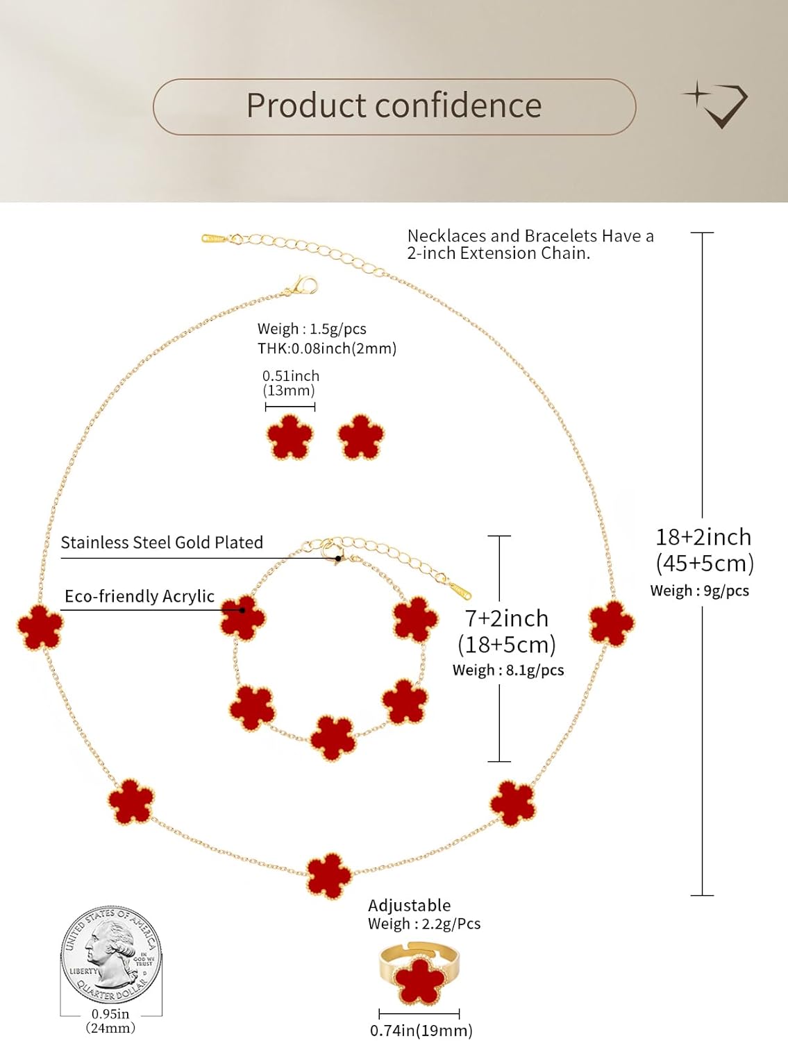 Gold Plated Five Leaf Clover Necklace Bracelet Rings and Stud Earrings Set for Women Lucky Flower Jewelry - Image 3