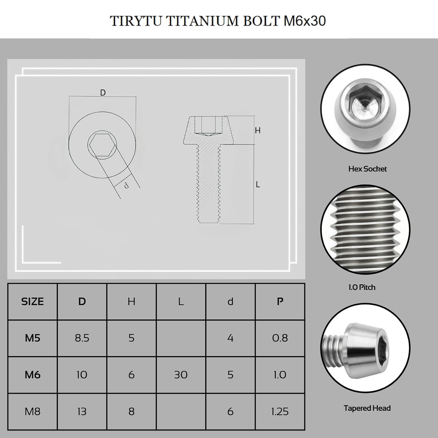 M6x30mm Titanium Bolts - Tapered Head Hex Socket Screws for Bike, Motorcycle, Marine | Corrosion Resistant in Salty/Humid Conditions, Lightweight Fasteners | Natural Color （6PC