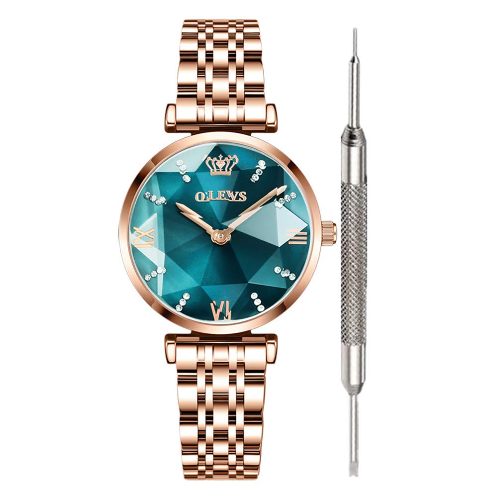 OLEVS Prismatic Diamond Watch with green face on a wrist