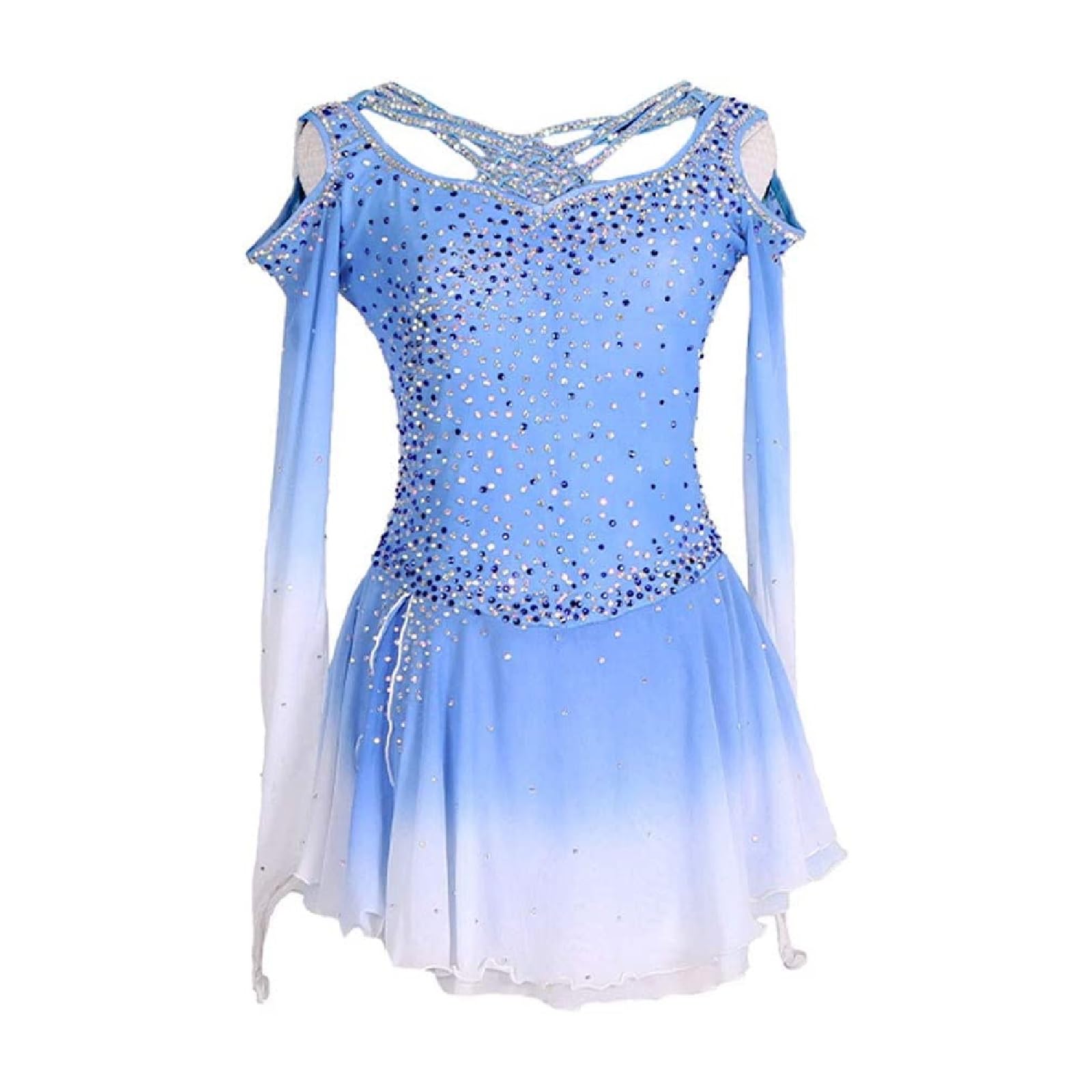 Langärmlige Eislaufkleider for Frauen Damen Hollow Dance Kleider mit Funkelnden Strasssteinen