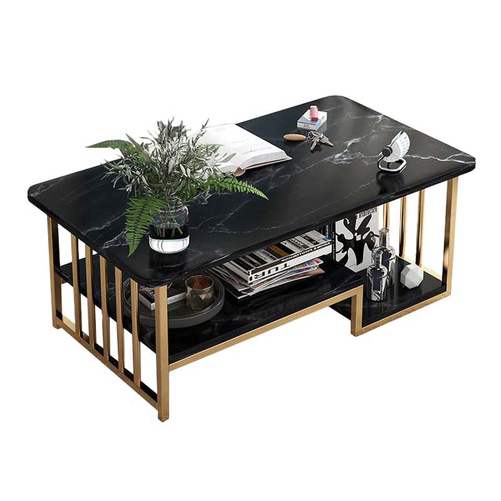 Luckylj2-Tier Modern Coffee Table, 39.4Inch Rectangle Coffee Tea Table with Marble Tabletop & Sturdy Metal Frame for Living Room, Dining/Tea Room, Bedroom, Coffee Bar, Home Furniture,Black