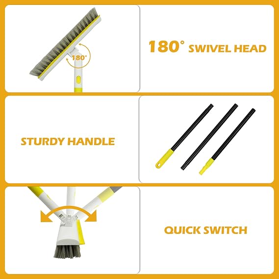 Floor Scrub Brush with 180 Rotating 50 Long Handle for Cleaning, 2 in 1 Scrape Scrubber Brush with Squeegee, Tile Tub Scrub Brushes Attachment for Clean Bathroom Deck Kitchen and Floor Wall