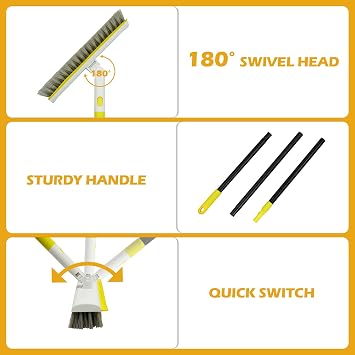 Floor Scrub Brush with 180 Rotating 50 Long Handle for Cleaning, 2 in 1 Scrape Scrubber Brush with Squeegee, Tile Tub Scrub Brushes Attachment for Clean Bathroom Deck Kitchen and Floor Wall