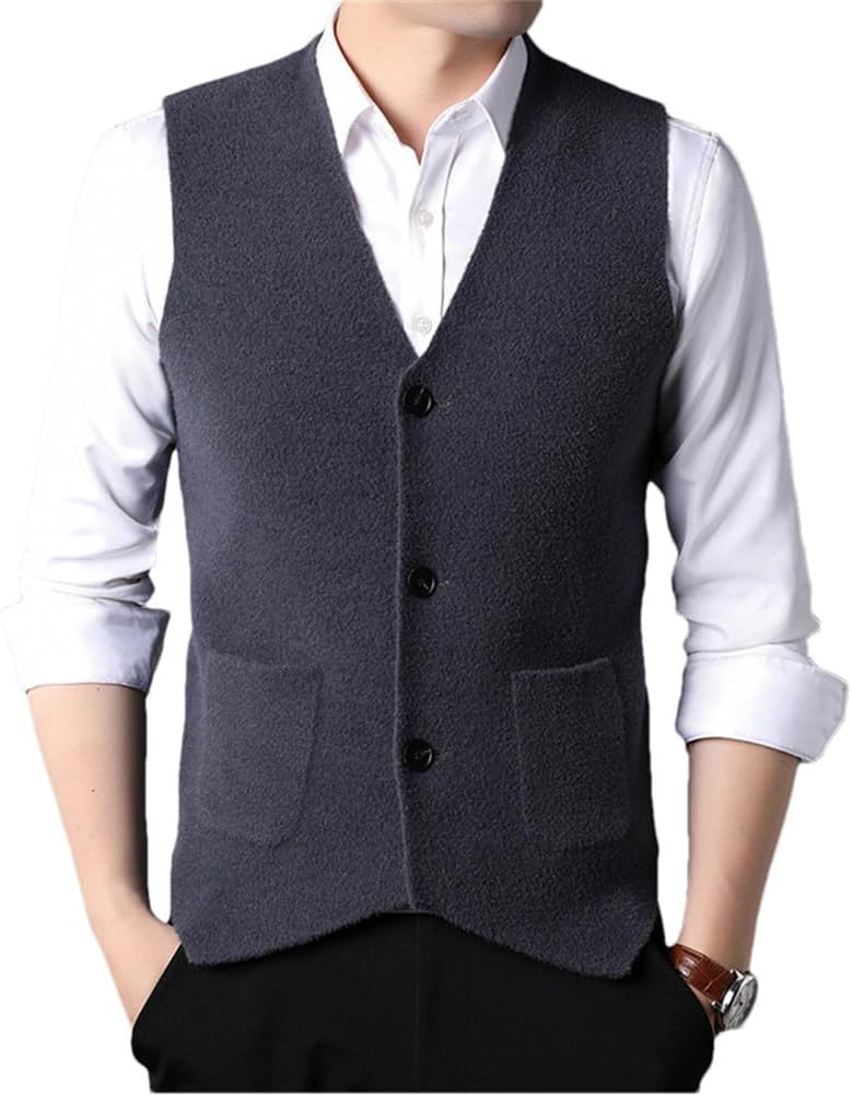Men's Wool Knitted Vest Sleeveless Sweater Winter Casual Solid V-Neck Cardigan Warm Button Up Business Vest