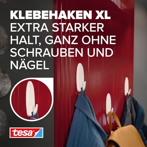 tesa Powerstrips Self-Adhesive Hook XL - Oval Wall Hook with Extra Strong Hold - Drill-Free Mounting - Reusable Wall Hook for Bathroom or Kitchen - White - 1 x Hook, 3 x Powerstrips XL