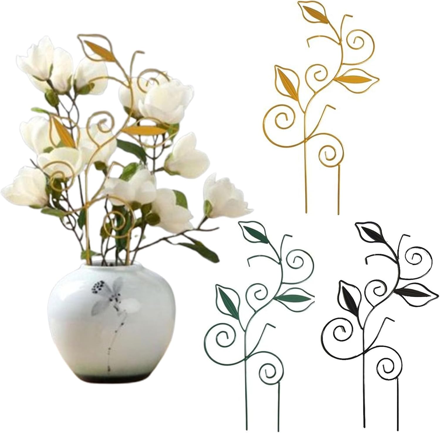 Decorative Metal Plant Trellis for Indoor Potted Plants – Leaf Shape Vine Support Stakes with 6 Plant Clips, Black/Green/Gold Garden Trellises for Climbing Plants, Vines (Black+Green+Gold 3pcs)