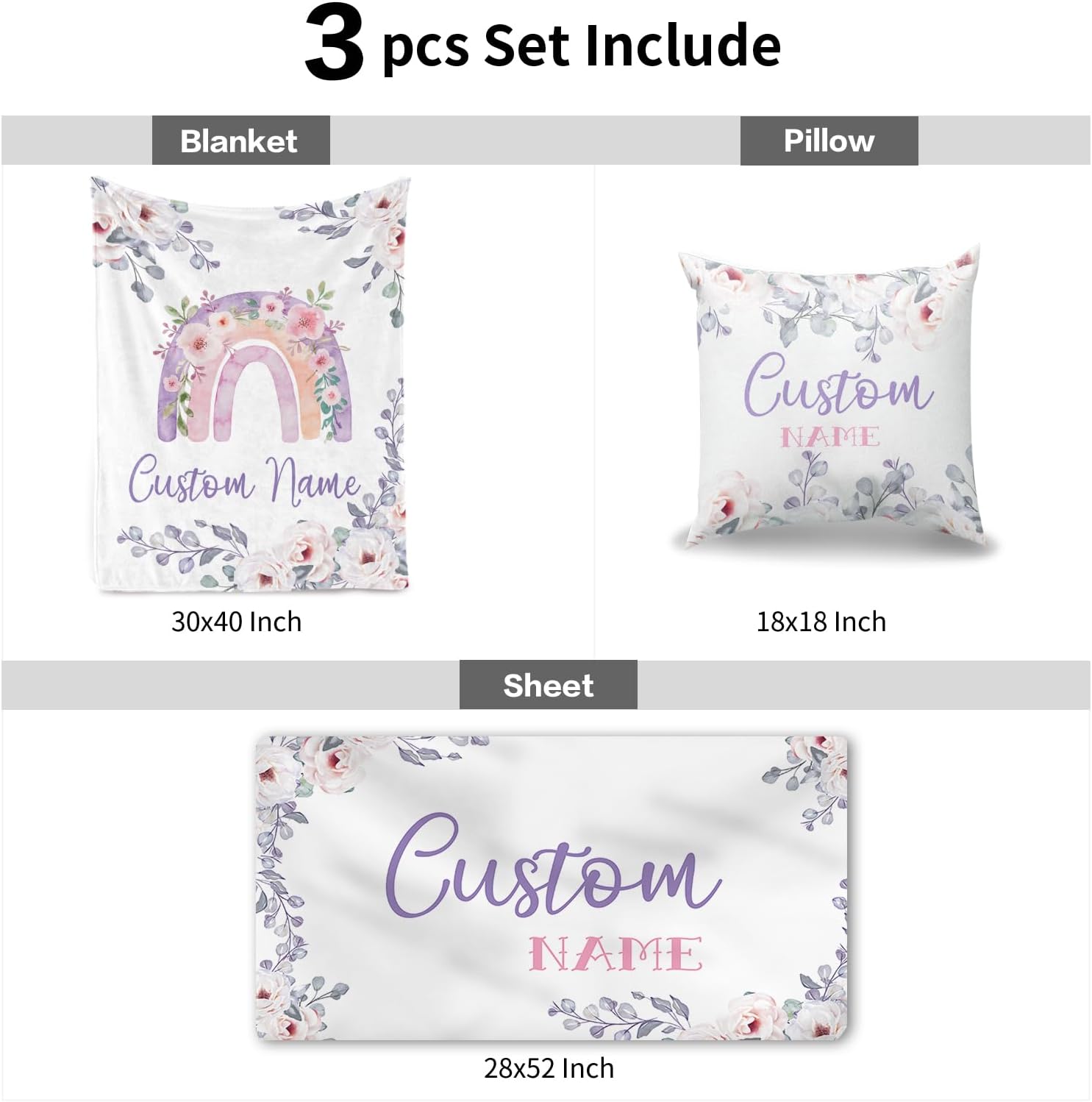 Personalized Crib Bedding Set for Girls, Pink Rainbow Baby Bedding Sets with Custom Name - Plush Blanket Fitted Sheet Pillowcase for Newborn Nursery Gift