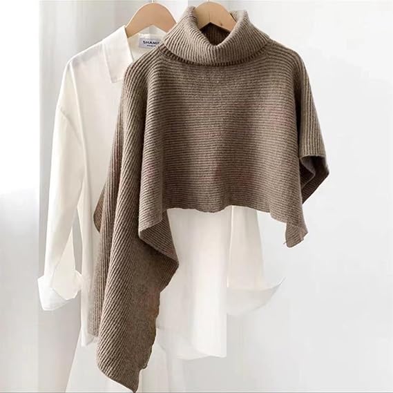 YOYLMAL Women's Asymmetric Knitted Poncho Turtleneck Pullover Sweater Jumper Tops Fall Winter Warm Cape Wrap (Khaki)