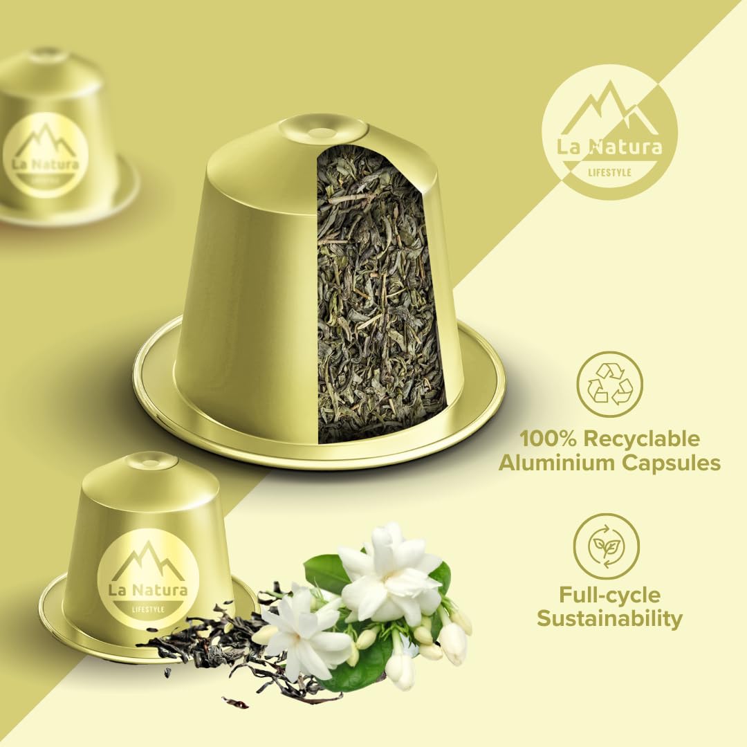 La Natura Lifestyle 120 x zielona herbata jaśminowa w kapsułkach aluminiowych, kompatybilne z ekspresami na kapsułki Nespresso®³, w 100% nadaje się do recyklingu, naturalny zielony jaśmin herbata z