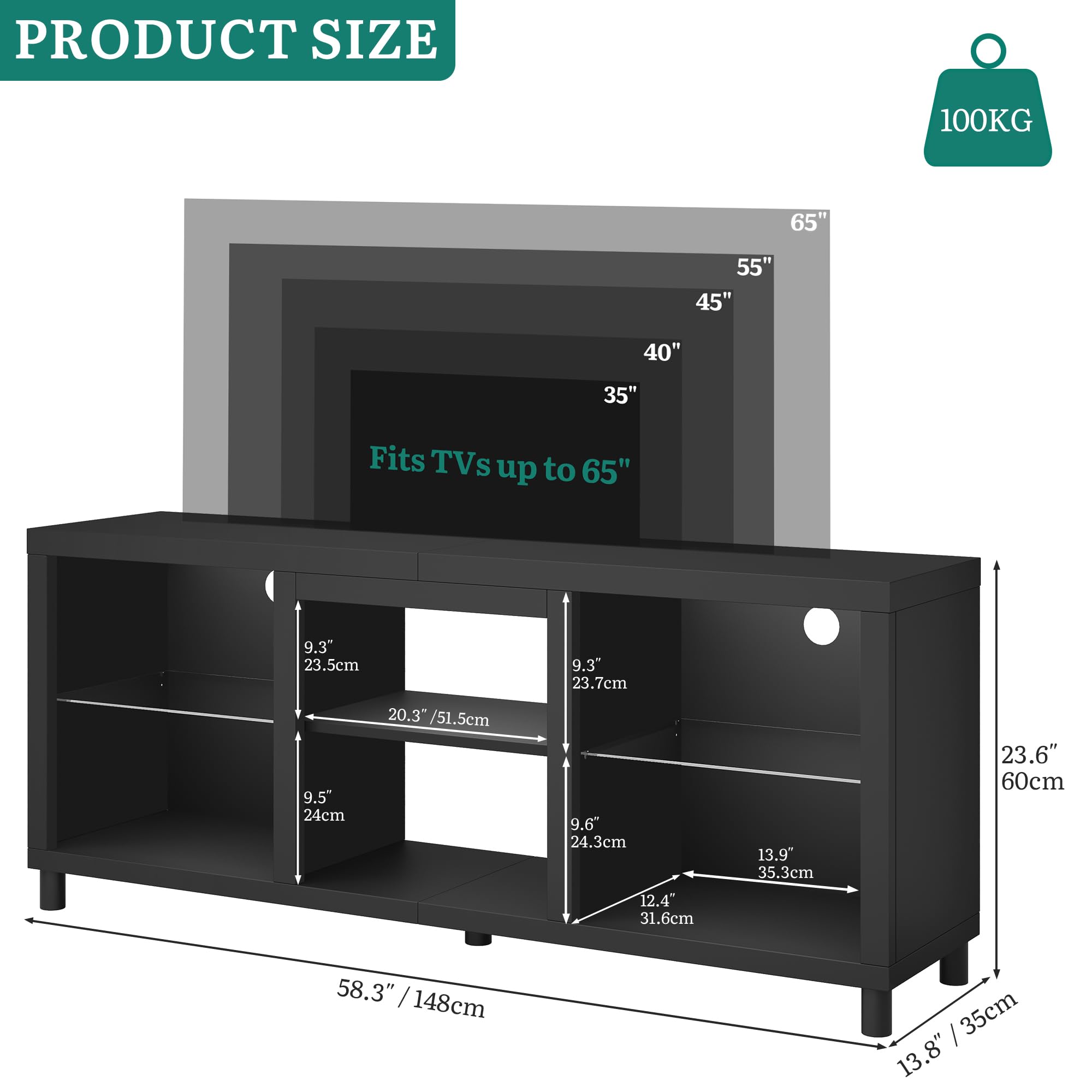 YITAHOME Mobile Porta TV con Luci, 148cm Mobile TV per TV da 65 pollici e piccoli televisori con luci LED RGB & ripiani in vetro regolabili per soggiorno, camera da letto (Nero)