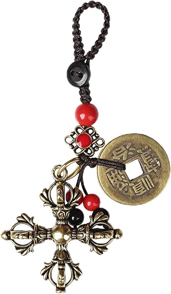 Brass Tibetan Cross Vajra Keychain with Five Lucky Coins, Good Luck Charm Feng Shui Protection Amulet Key Ring
