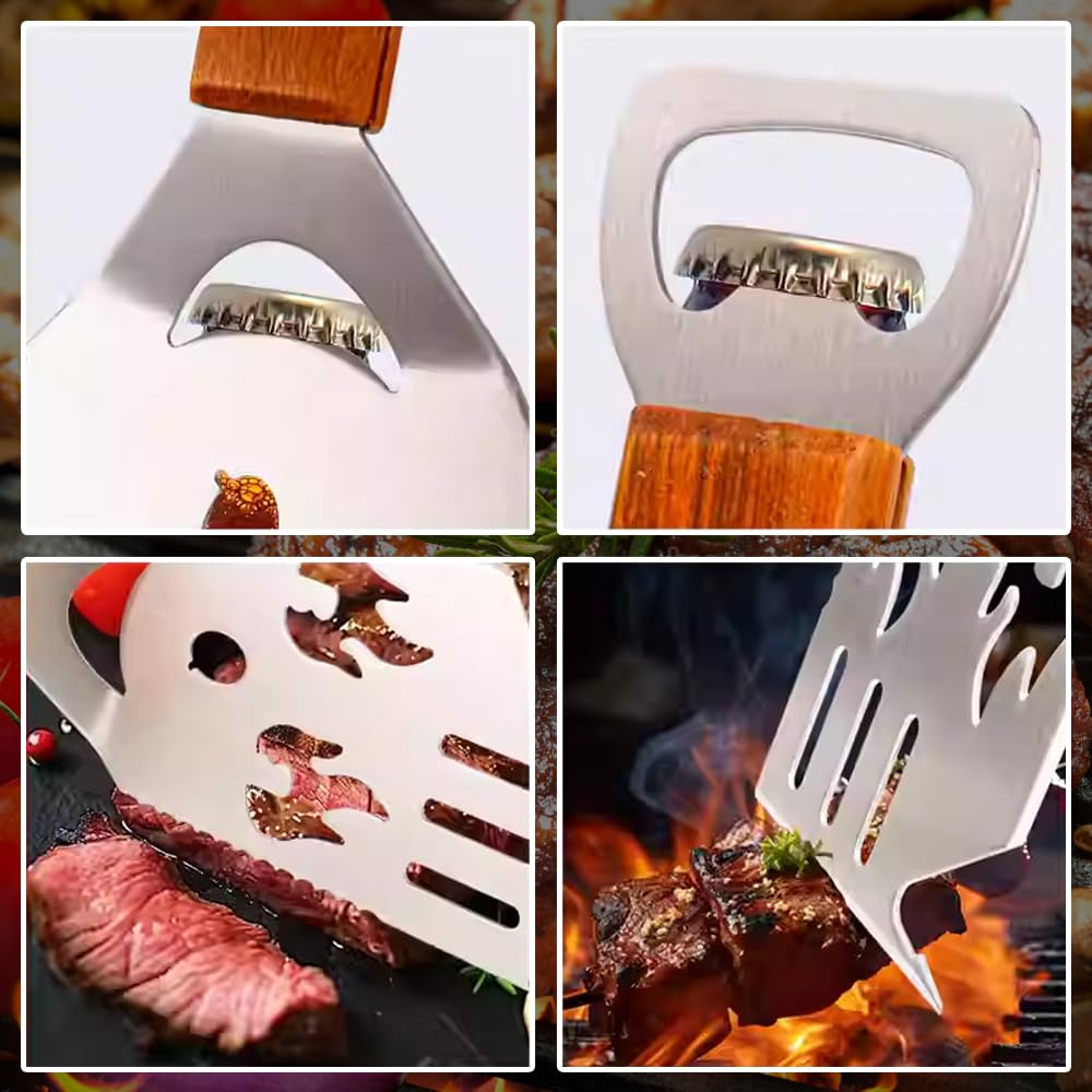 Accessori BBQ, Set Barbecue, Multifunzionali Kit Attrezzi Barbecue, con Maniglia in Legno, Coltello e Forcello, Sega, Regalo Uomo, Regali per Papà Giornata del Padre (4 Pezzi, ABCD)