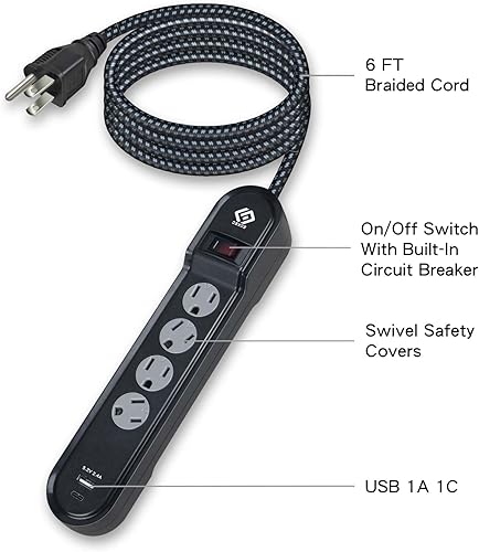 Miniatura 4 de Regleta protectora de sobretensiones, 4 tomas, dos puertos USB 2.4A (1A+1C), cable de extensión de 6 pies, 500 julios, 15A1800W, montaje en pared,