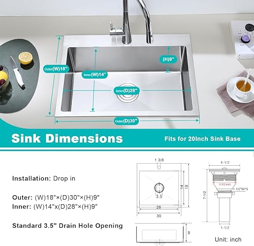 Miniatura 99 de Fregadero de cocina pequeño de acero inoxidable con caída de 20 pulgadas, níquel cepillado, 20 pulgadas de profundidad x 16 pulgadas de ancho x 9