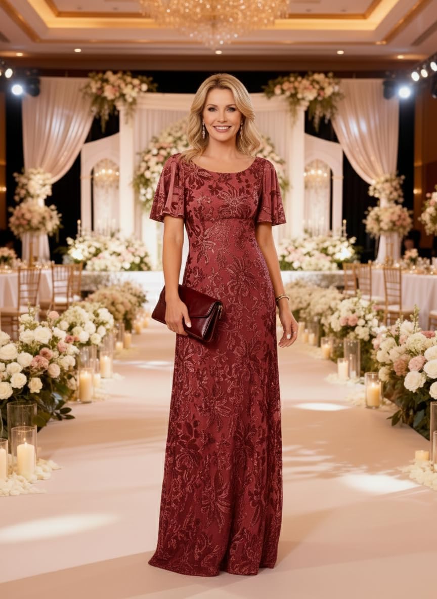 Scoop Neck Mother of The Bride Dresses for Women Long Sequin Mermaid Formal Evening Gown with Short Sleeve - Image 3