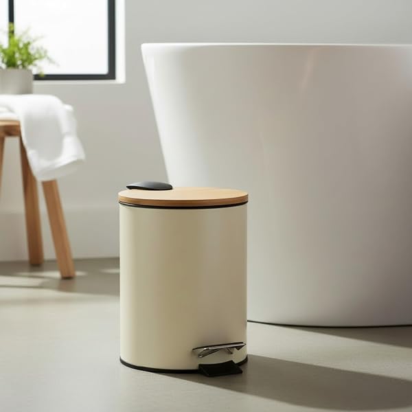 TIENDA EURASIA – Papelera Baño | Metal + Tapa de Bambú | Capacidad 3L | Medidas 17x21x23.5 cm y Cubo Interior 16.8x16.8x18.2 | con Pedal (Beige) - 5