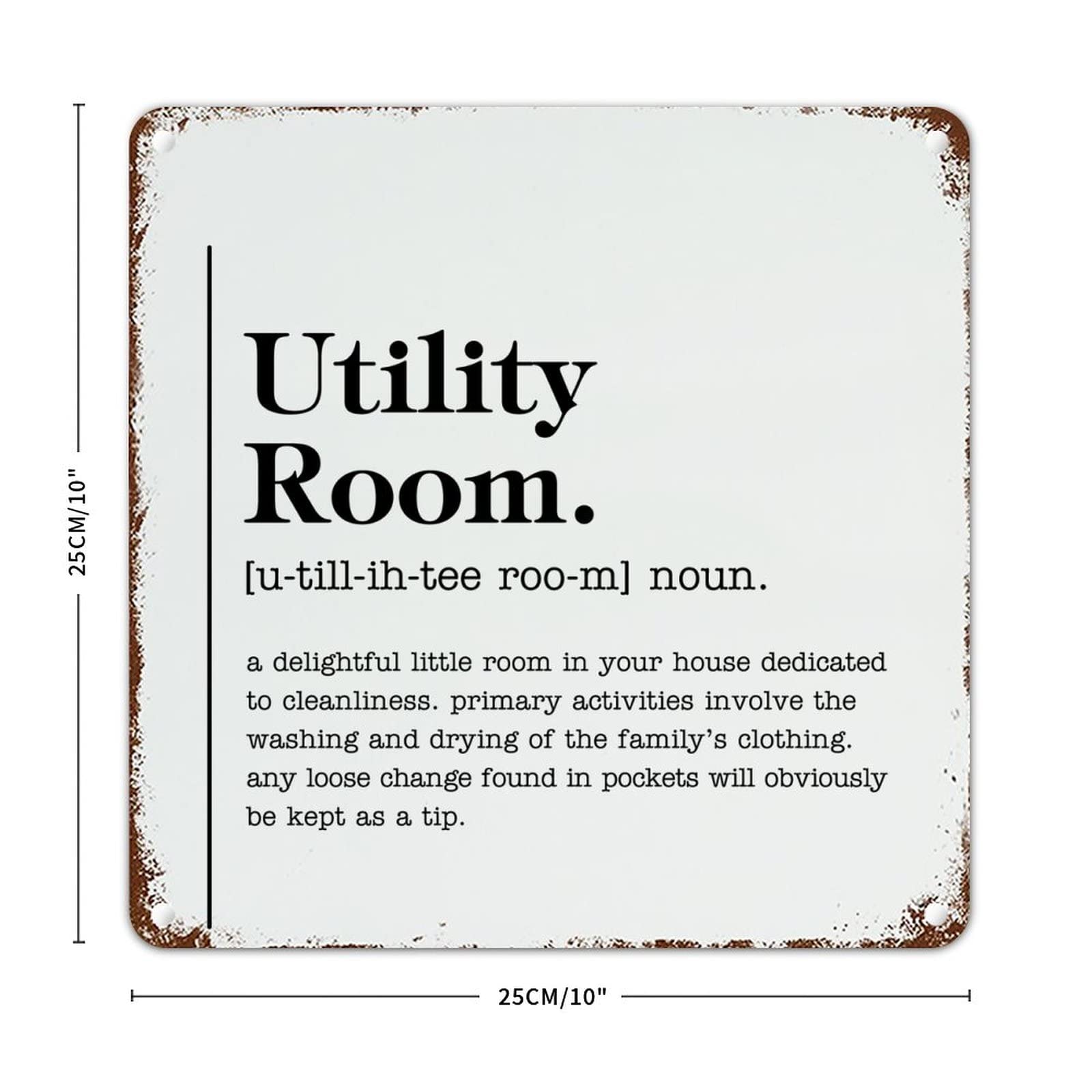 Vintage Retro Metal Utility Sign - Definition Typography for Laundry Room, Workshop - 10x10in