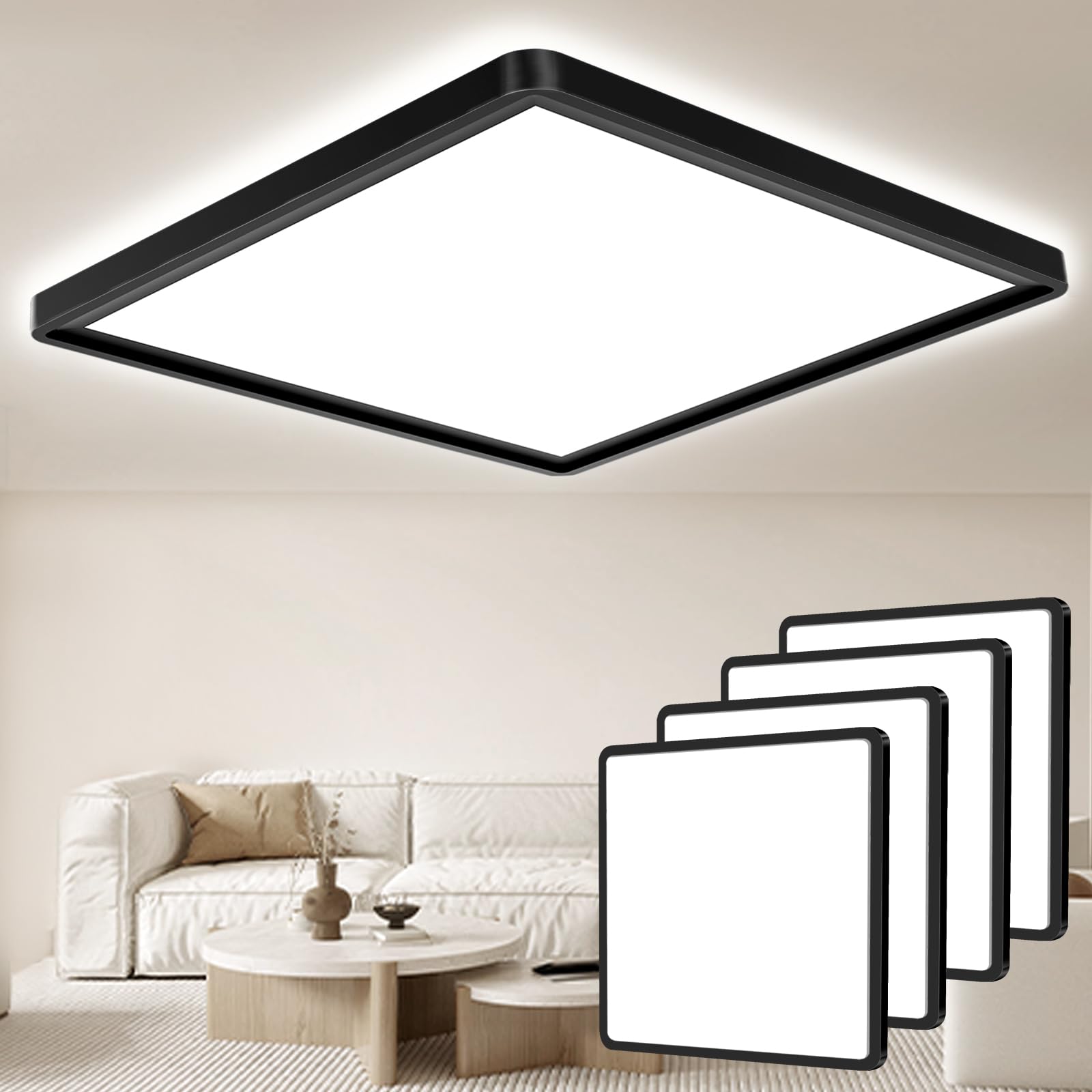 Seruno X Black 29Cm Bathroom Light 24W 3200Lm 6000K/4000K/3000K Ip54 Waterproof Bathroom Lights Ceiling, Ultra Thin Square Flush Ceiling Light For Kitchen Bedroom Toilet Porch Hallway Living Room 4 Pack