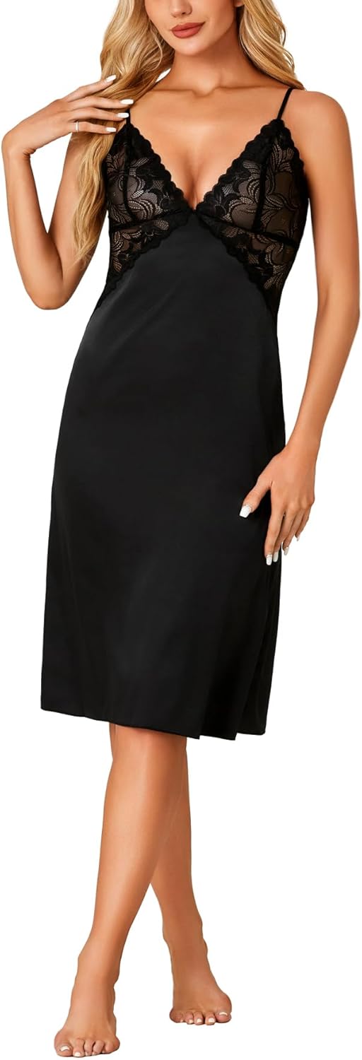 OPOIPIN Women's Satin Nightgown Full Slip Lace Trim V Neck Sleeveless Chemise Silk Lingerie Nightdress - Image 6