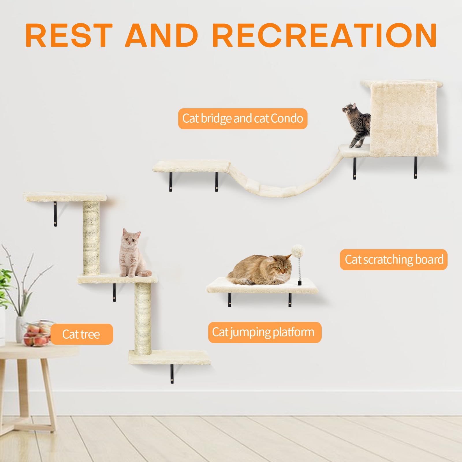 Katzen kletterwand Set mit Katzenbaum Hängematte,Katzenhöhle Wand,Katzenbrücke,Kratzbrett und Kratzbaum - 4-Teiliges Holz Katzenmöbel für Katzen Catwalk (Rauchgrau)