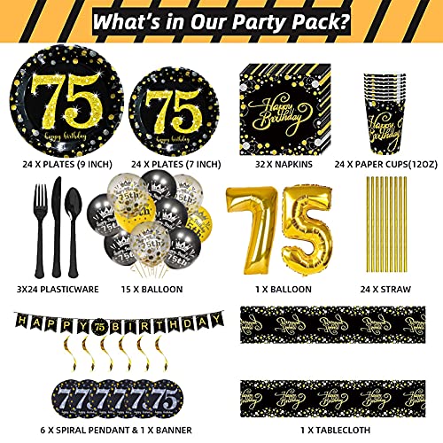 Trgowaul 75Th Birthday Party Supplies - Black And Gold Disposable Paper Plates, Napkins, Cups, Tablecover Forks, Knives And Spoons For 24 Guests And Party Number Balloon Decorations Banner #TOP1