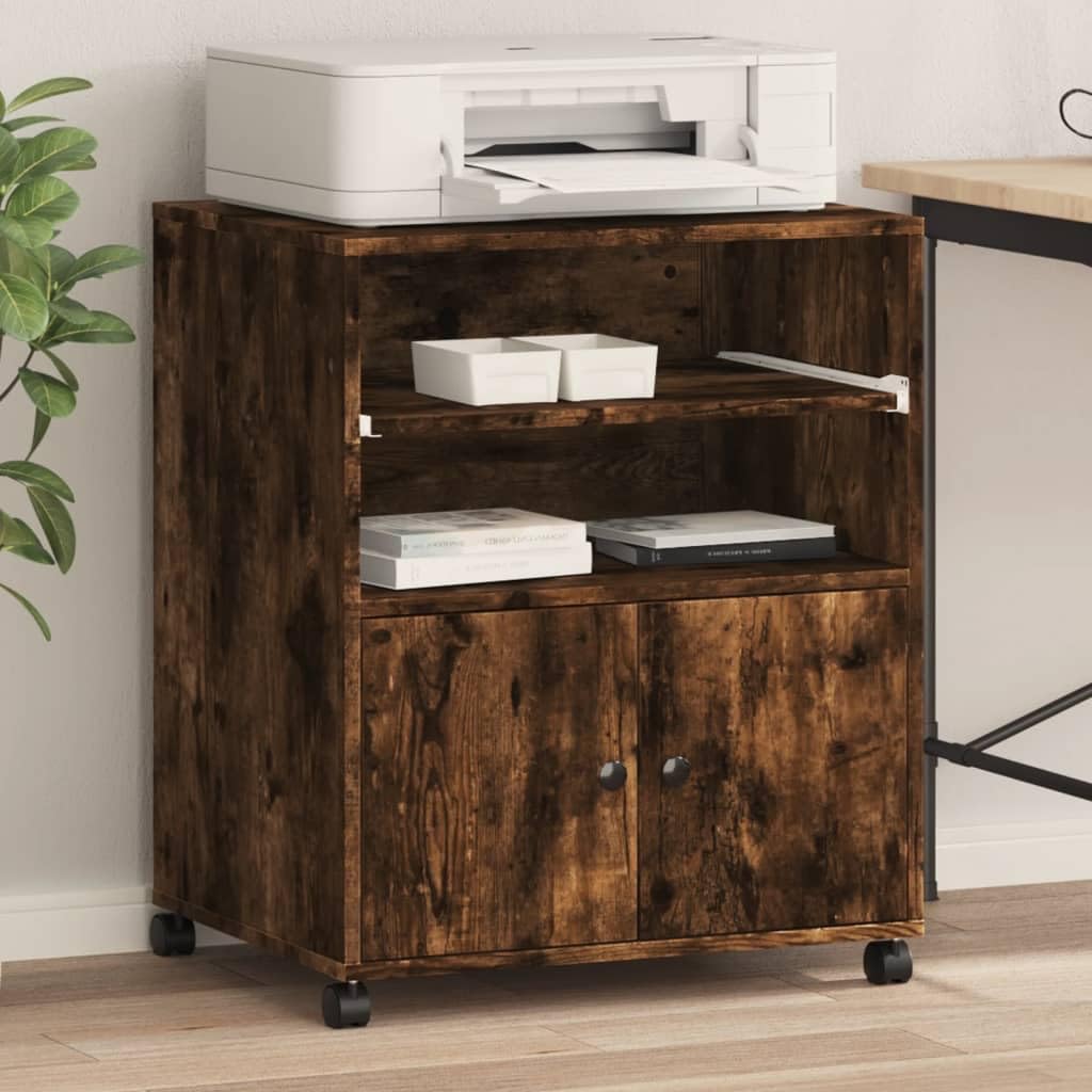 Druckerständer mit Rollen Räuchereiche 60x48x74 cm, Druckerwagen auf Rollen mit 2 arretierbaren multifunktionaler Druckertisch als Bücherregal, Aktenregal oder Beistelltisch,