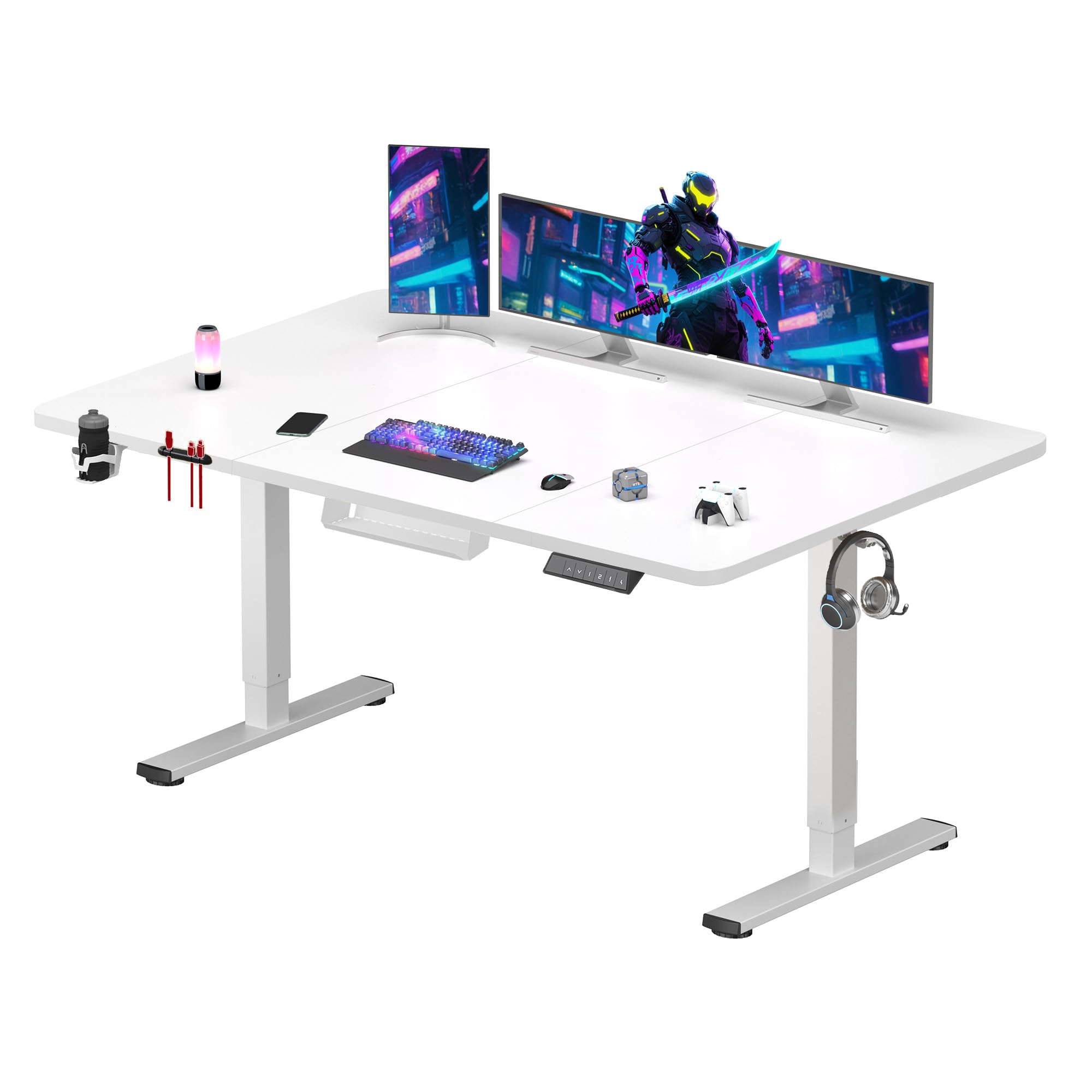 SANODESK Scrivania seduta in piedi 160x60 cm, scrivania da gioco regolabile in altezza, scrivania elettrica controllo funzioni memorie con gancio, bianco