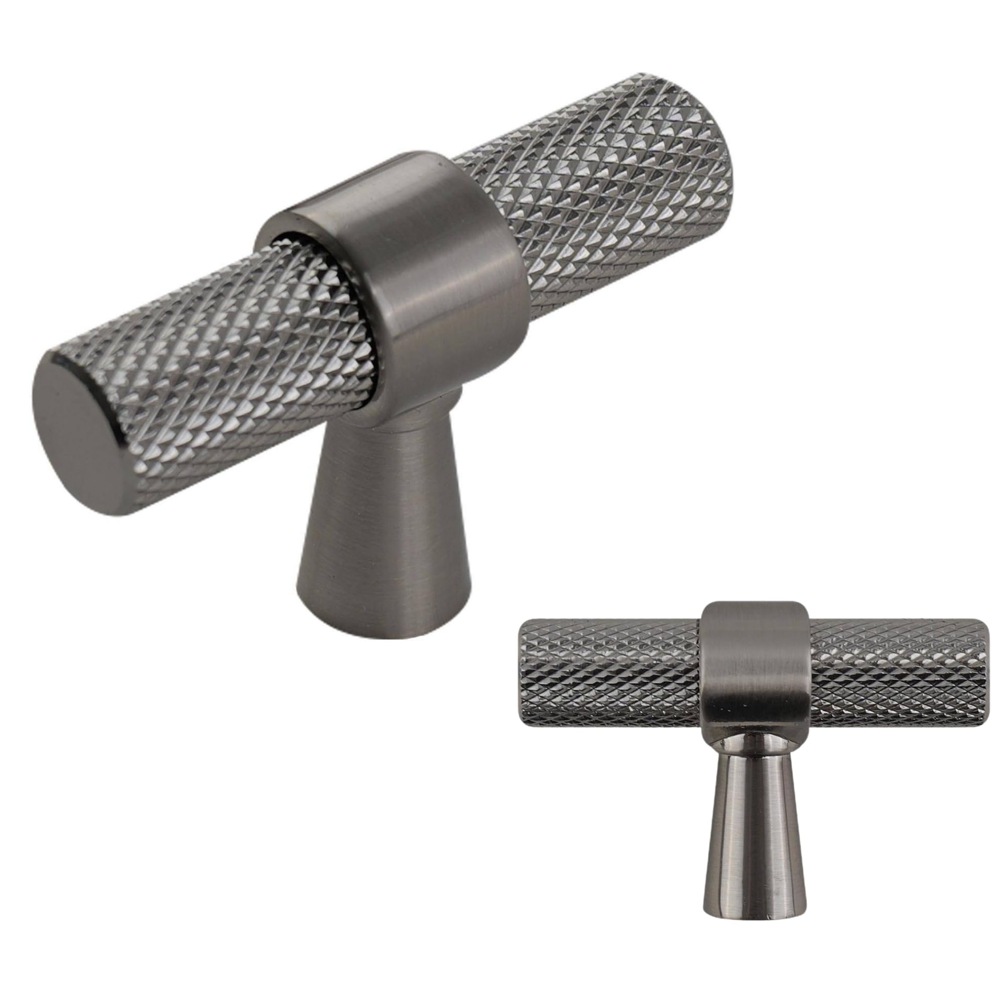 keypak 10 Pack Satin Nickel Knurled Kitchen Cupboard Handles, Knobs, Aluminium T-Bar Pulls for Cabinet, Wardrobe Doors, Chest of Drawers