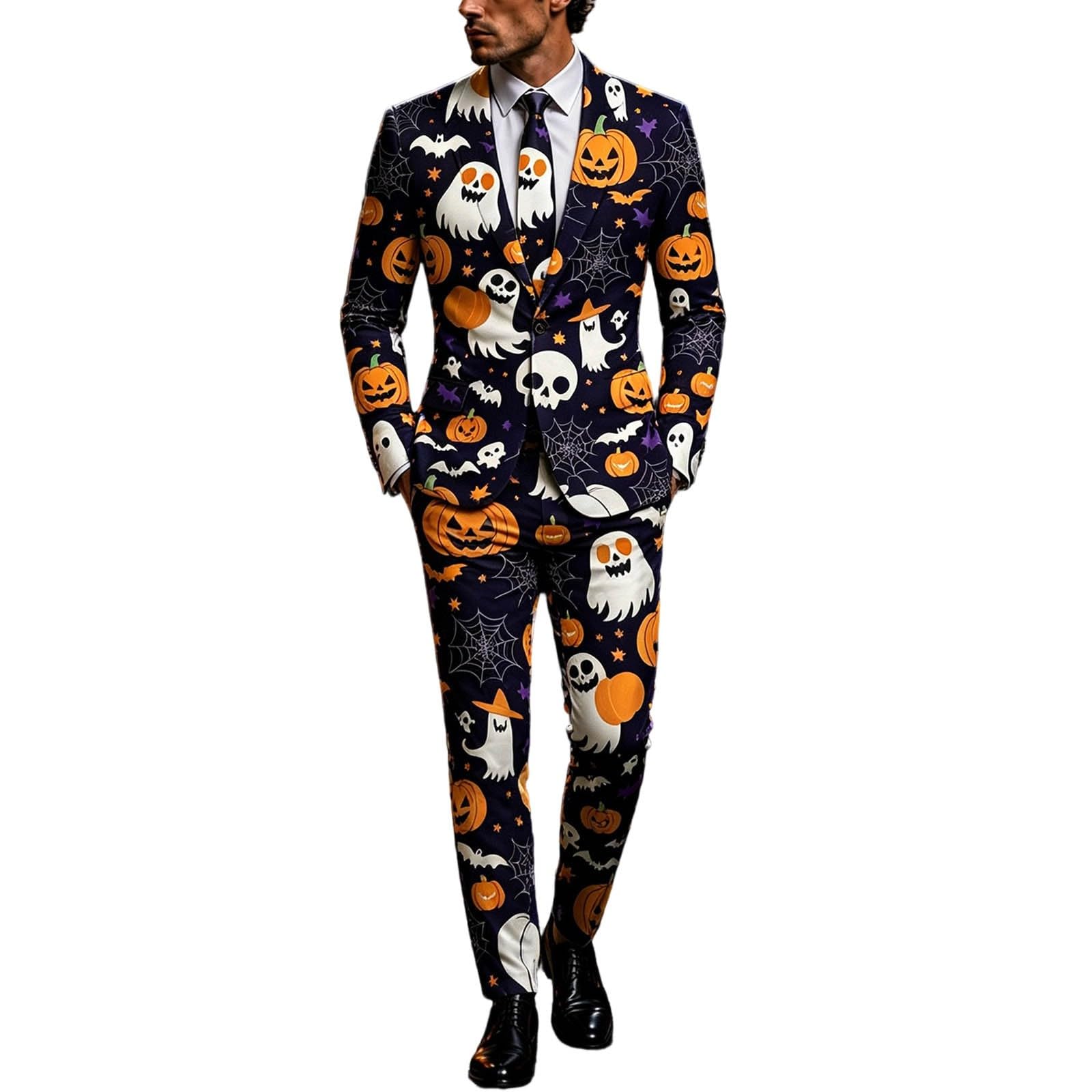Generisch Halloween Anzug Herren 2 Teilig Anzug Slim Fit mit Halloween-Print Herrenanzug Jacke Klassisch Anzüge Modern Stilvolle Sakko für Partys Veranstaltungen Blazer Mantel Festlich Kostüm