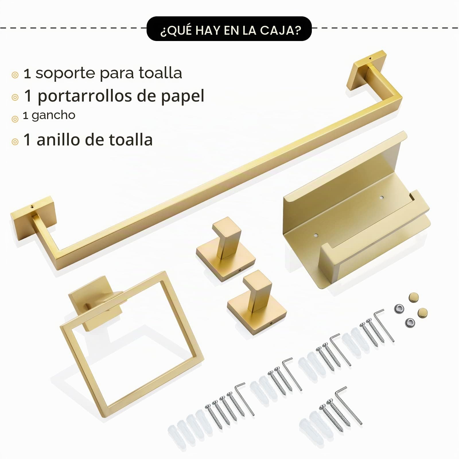 Juego de 5 Piezas de Accesorios de baño de 23.6 Pulgadas, Barra de Toalla Dorada, toallero, Anillo de Toalla, Gancho y Soporte para Papel higiénico con Estante montado en la Pared, Juego de