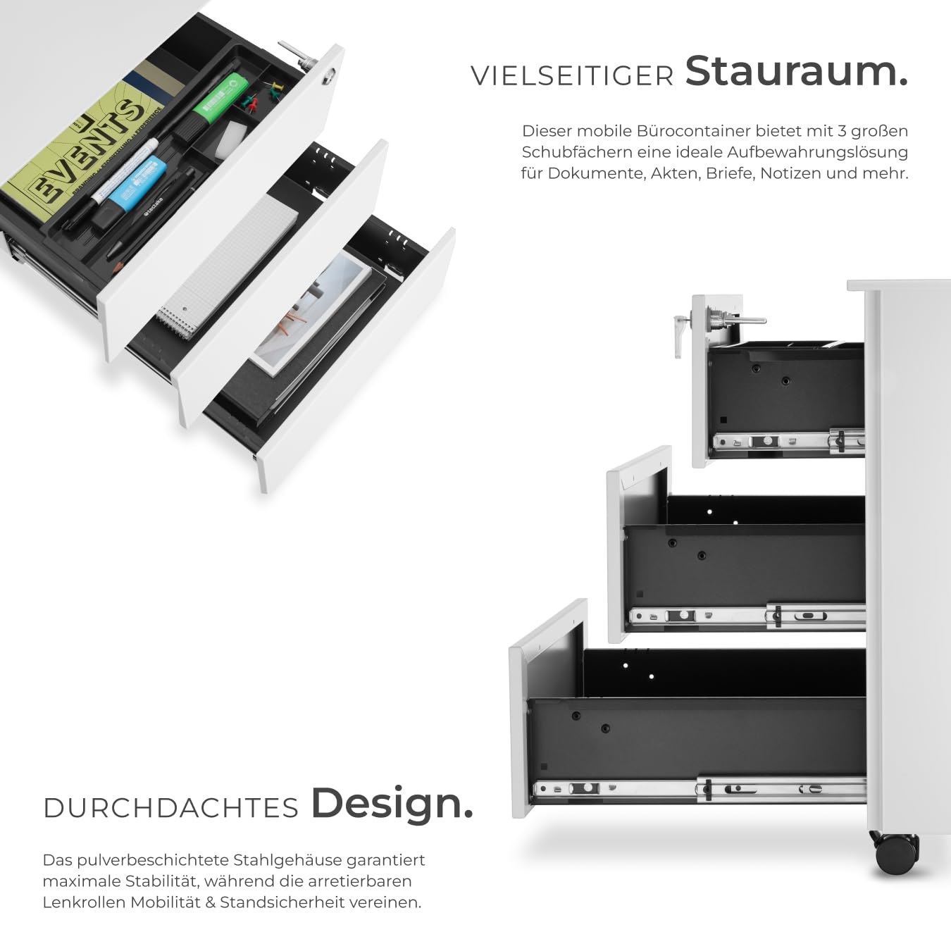 tectake® Büro Metall Aktenschrank mit Rollen, abschließbare Kommode mit Schubladen für Schreibtisch, Rollcontainer, Schubladenschrank, Organzier, Rollwagen Schrank abschließbar (weiß)