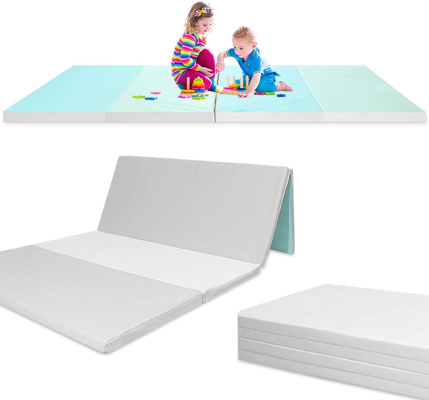 Baby Play Mat, Foldable and Reversible Crawling Mat for Babies and Toddlers, Non-Slip and Waterproof, 210 x 114 x 5 cm, Grey and Turquoise