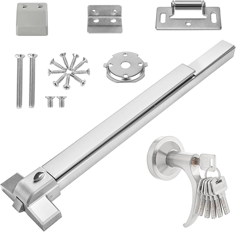 Push Bar Panic Exit Device with Handle, 31 Inch Aluminum Emergency Exit Door Hardware with 6 Keys, Commercial Emergency Door Lock Fits 31"-47" Wood & Metal Doors, Left/Right Compatible