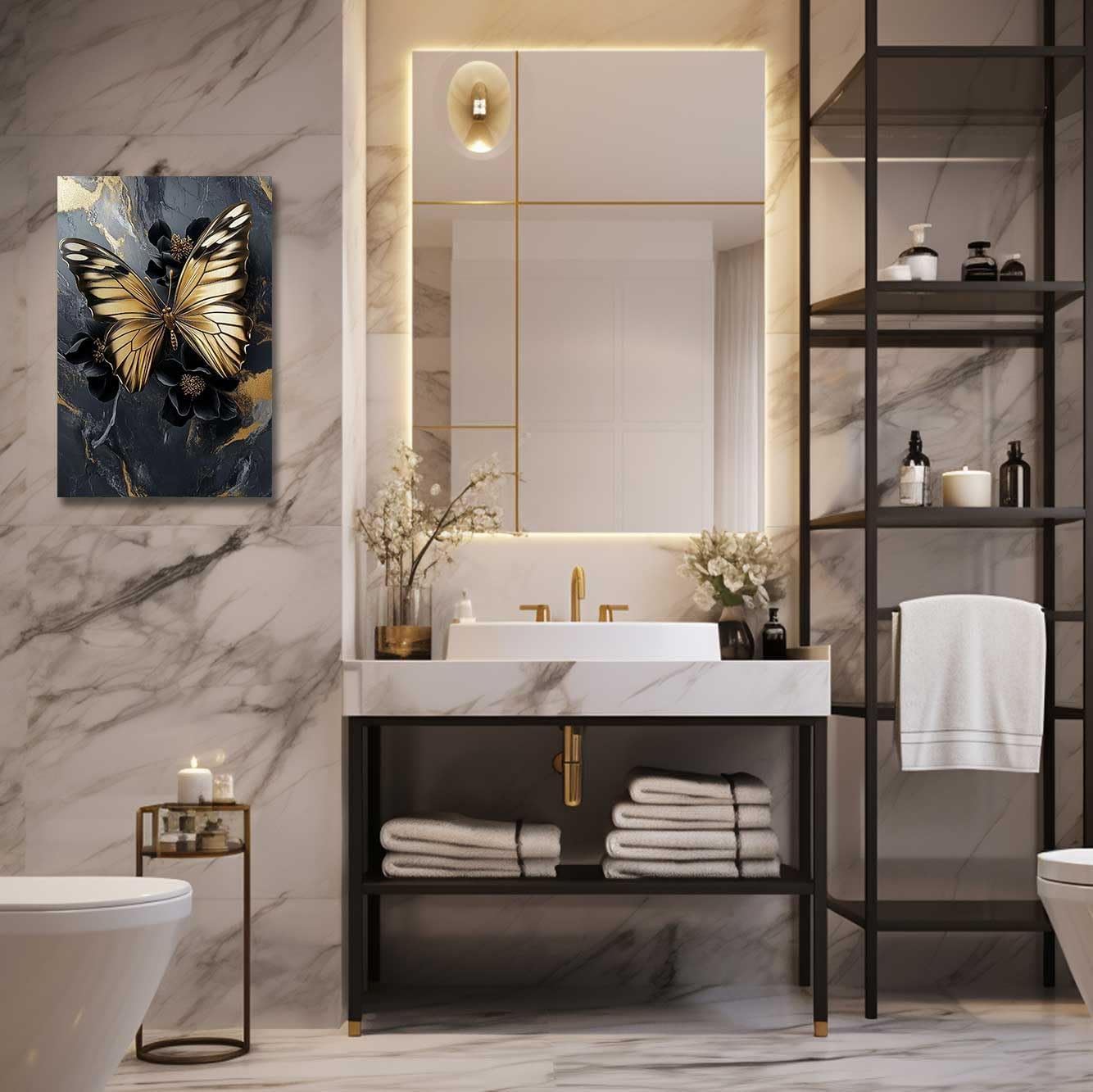 ZSHDEYMTOP Butterfly Wall Art Black and Gold Butterfly Canvas Prints Elegant Gold Butterflies Picture Modern Marble Texture Poster for Bathroom Bedroom Decor Framed (Black, (18L x 12W))