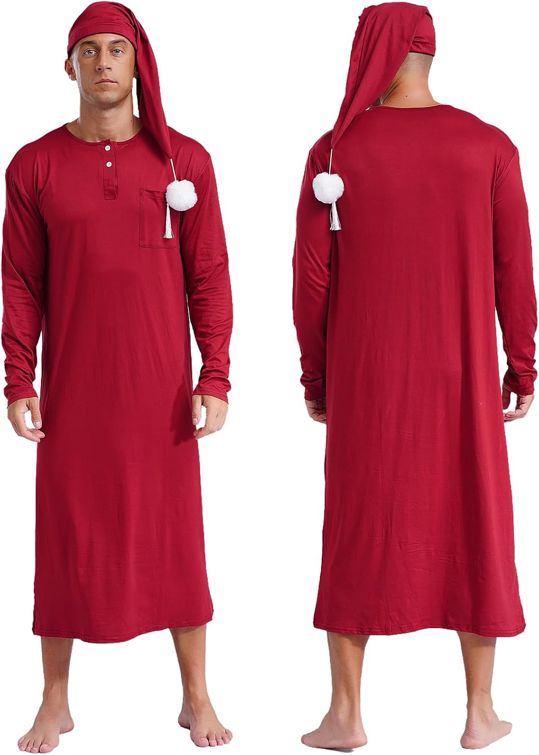 Men's Nightshirt Long Sleeve Nightgown Soft Loose Sleepwear Lightweight Nightwear Sleep Cap