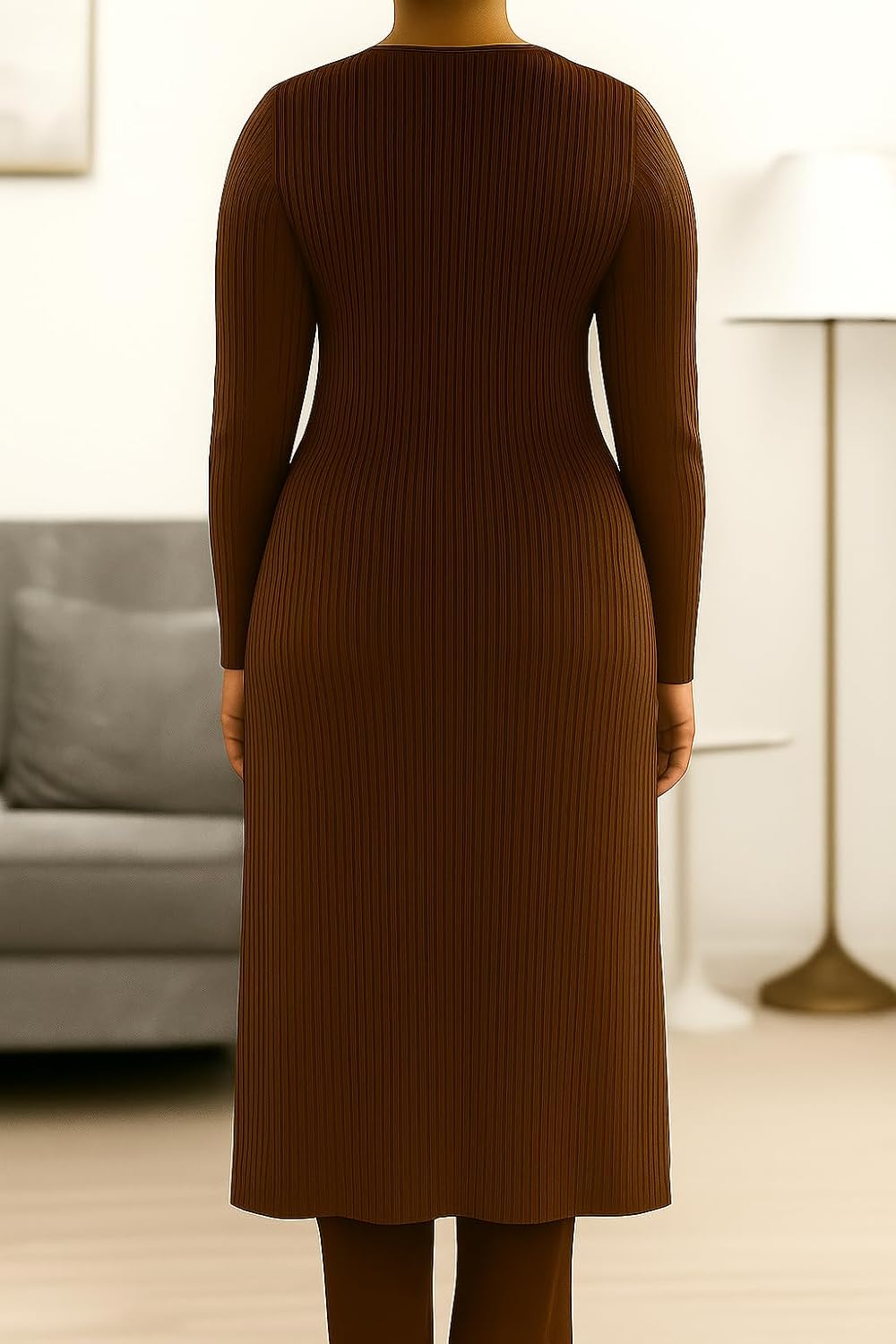 Maternity-Friendly 3-Piece Knit Lounge Set – Longline Cardigan, Cropped Tank, and Wide-Leg Pants