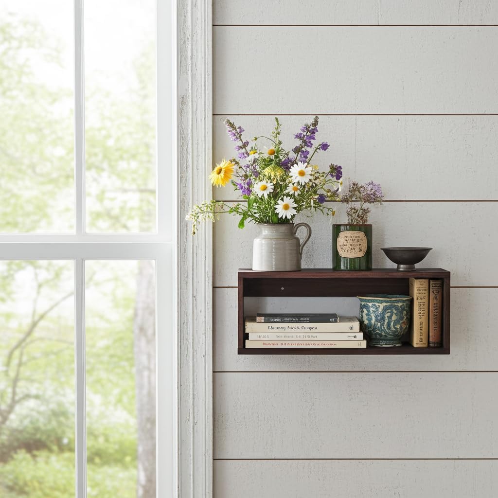 Easy-Mount Cedar Wood Shadow Box Floating Shelf – Enclosed Storage Cube Wall Shelves for Home, Bathroom, Bedroom & Entryway, Handmade in USA (24")